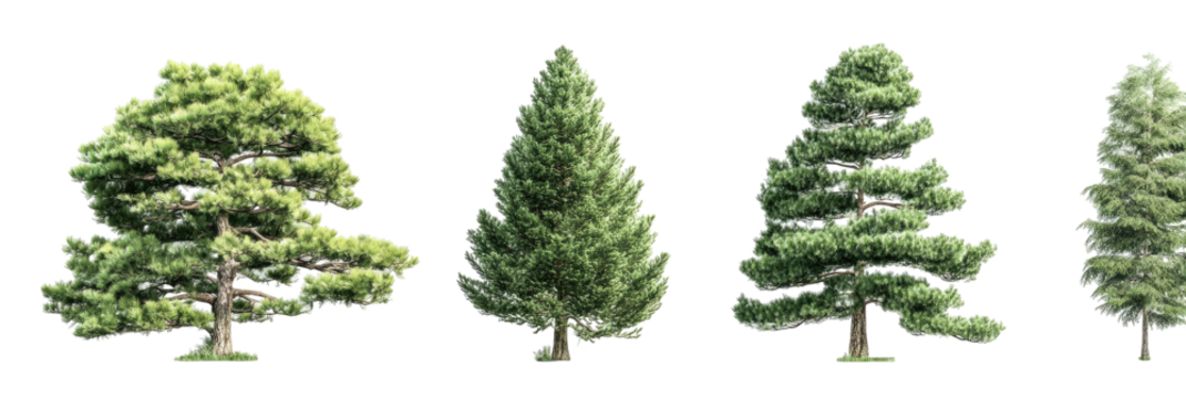 Diverse trees stand against a black background