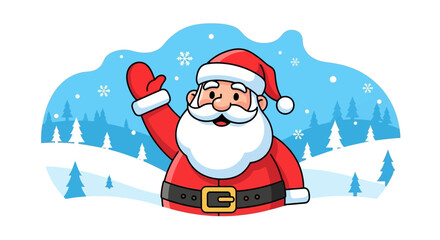 Cheerful Santa Claus Waving in a Winter Wonderland Illustration