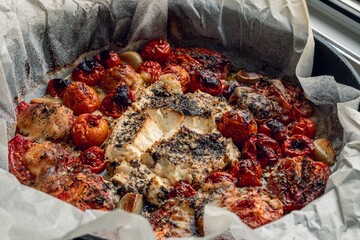 A delicious dish featuring roasted tomatoes and cheese, seasoned and baked to perfection in a cast iron skillet. Ideal for a hearty meal.