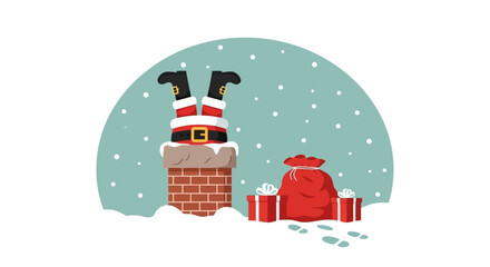 Santa Stuck in Chimney with Christmas Presents Illustration