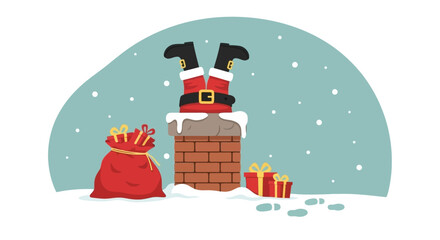 Santa Claus Stuck in Chimney Illustration with Gift Bag and Presents for Christmas Holiday Season