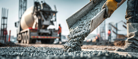 Pouring concrete at construction site with workers and mixer truck in background on a sunny day