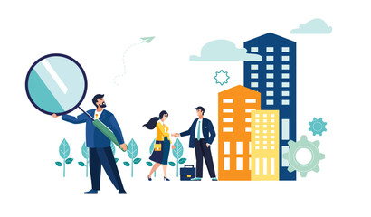 Businessman looking for an apartment, purchase of a turnkey home, rent a penthouse. People, realtor, business with houses, real estate market growth. Living space, contract. Vector illustrations
