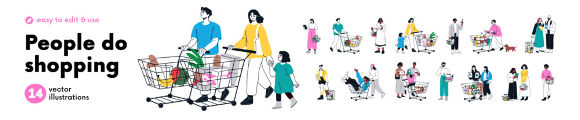 Naklejka na ściany i meble Buyers, consumers doing shopping set. People walking with supermarket baskets, carts and grocery trolleys. Customers with pushcarts. Flat graphic vector illustrations isolated on white background Naklejka na ściany i meble Buyers, consumers doing shopping set. People walking with supermarket baskets, carts and grocery trolleys. Customers with pushcarts. Flat graphic vector illustrations isolated on white background