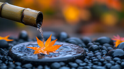 A dry leaf lies where water drips from a bamboo funnel, this moment is perfect for autumn.