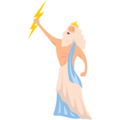 Ancient Greek god Zeus holding lightning bolt with crown and draped cloth in a divine powerful stance white background
