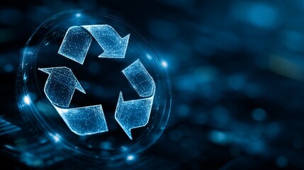 Dynamic digital recycle symbol glowing with futuristic blue light on dark tech background, representing sustainability and innovation