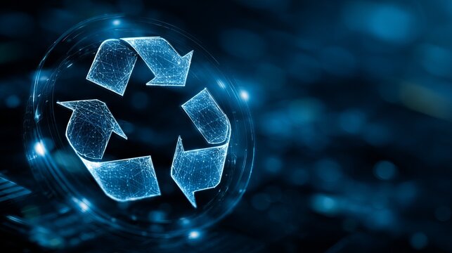 Dynamic digital recycle symbol glowing with futuristic blue light on dark tech background, representing sustainability and innovation