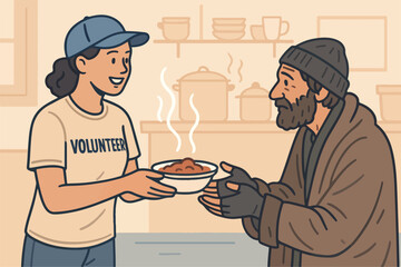 a woman gives food to a homeless person