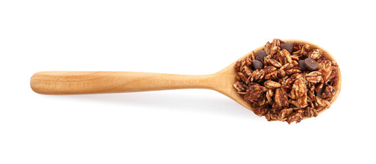 Tasty granola with chocolate chips in spoon isolated on white