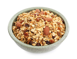 Tasty granola with dried fruits and nuts in bowl isolated on white