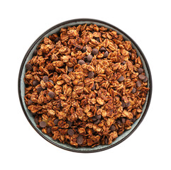 Tasty granola with chocolate chips in bowl isolated on white, top view