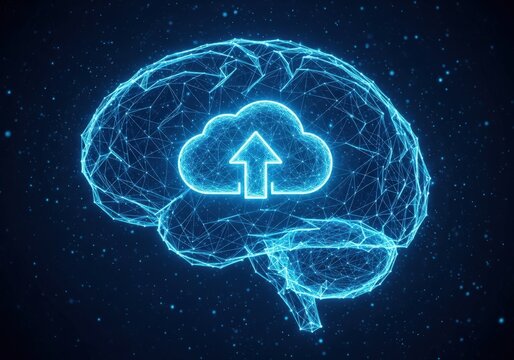 Futuristic digital brain with cloud upload symbol inspiring technology and ai concepts