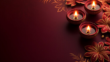 A festive, stylized dark-red background with gold floral art around small, lit oil lamps. The lamps suggest a celebration or cultural tradition like Diwali.