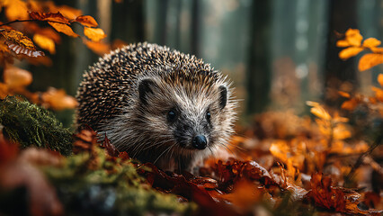 A close-up depicts a hedgehog in a forest setting. Surrounded by fall foliage, it could be used as stock art for a project.