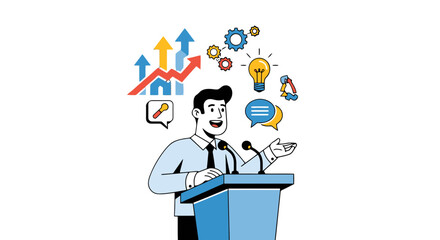 Obraz premium Business Speaker Delivering Presentation With Icons Representing Success and Innovation