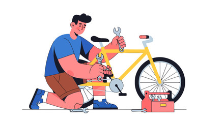 Bicyclist Carefully Repairing His Bicycle With Tools, Isolated on Black Background