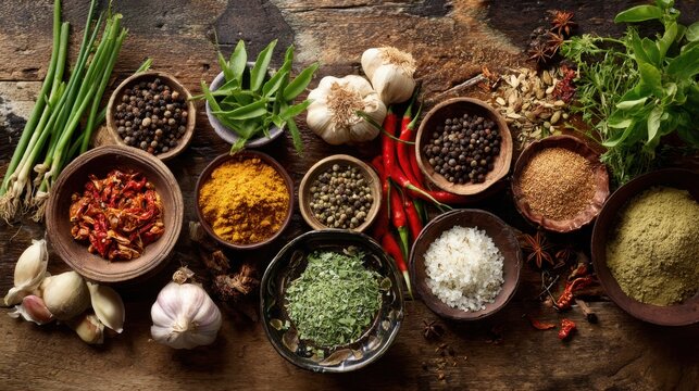A variety of spices and herbs are displayed on a wooden table. The spices include garlic, pepper, and salt, while the herbs include parsley and basil