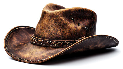 A leather cowboy hat, with a white background, perfect for cowboys.