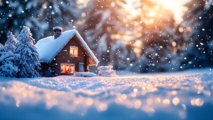 A cozy cabin nestled in the middle of a snowy forest, lit by warm light. This image is perfect for a variety of creative projects.