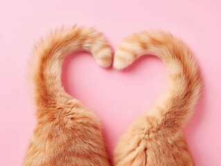 Two orange cats sit facing away from each other, their fluffy tails intertwining to form a heart shape on a soft pink background, showcasing their adorable companionship.