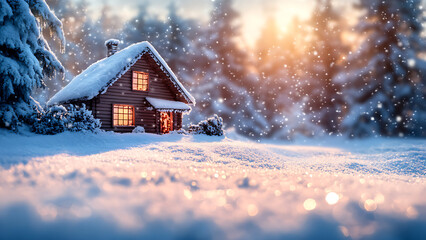 A cozy cabin nestled in the middle of a snowy forest, lit by warm light. This image is perfect for a variety of creative projects.