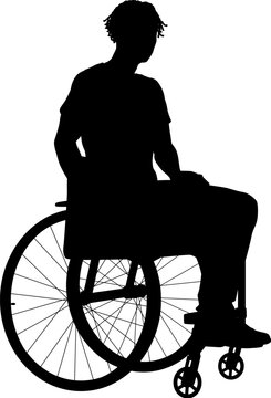 Silhouette of a man with short dreadlocks seated in a wheelchair, viewed from the side.
