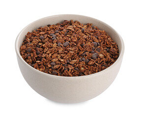 Delicious granola with chocolate chips in bowl isolated on white