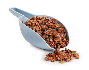 Delicious granola with chocolate chips in scoop isolated on white