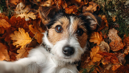 Here's a terrier puppy laying on its back in a pile of autumn leaves. The dog looks at the camera with a sweet expression.