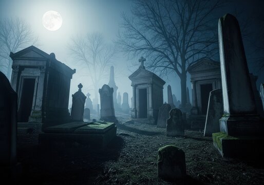 Eerie graveyard at night with tombstones mausoleums and trees shrouded in mist moonlight glow