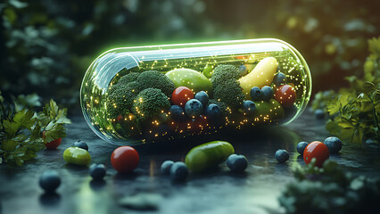 Fruits and vegetables are within a capsule. This imagery may be used to represent all natural supplments.