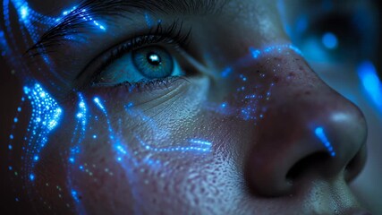 Close-up of a human face illuminated by soft blue neural light patterns, symbolizing AI-assisted emotional support, modern digital wellness aesthetics, cinematic lighting, ai driven mental health tool