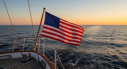 American flag waves proudly on a sailboat at sea during a golden sunset over the vast ocean horizon