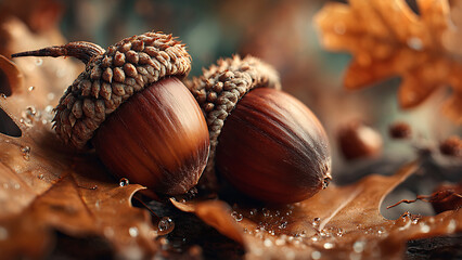 Two acorns perched among fallen oak leaves evoke a cozy, autumnal atmosphere.