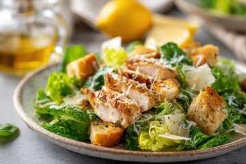 Fresh caesar salad with grilled chicken and croutons
