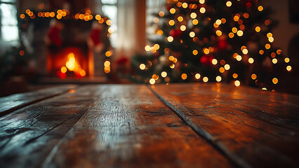 A cozy Christmas scene. A rustic wooden table foreground is out of focus, with a Christmas tree and fireplace in the background.