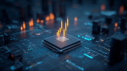Dynamic digital circuit board with glowing stock market chart data visualization over central processor, representing financial technology and innovation.