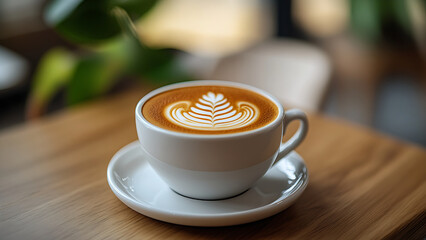 This image shows a latte with an artistic foam design, served on a white plate.
