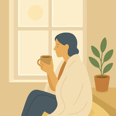 vector illustration woman drinking tea in the morning