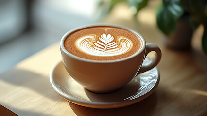 A latte with latte art sits in a light brown mug and saucer. 