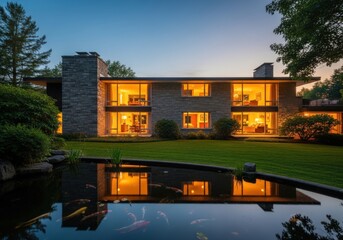 Modern residence lit up at dusk reflecting in calm water pond with lush green lawns