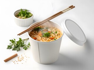 Delicious Noodles in a Takeout Container with Chopsticks and Parsley