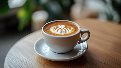 A latte with a decorative swirl sits on a saucer and wooden table. 