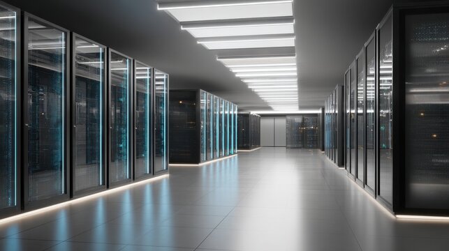 Bright corridors showcase powerful servers and cutting edge technology in a sleek data center.