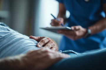 Compassionate bedside care — nurse in blue scrubs writing on clipboard while assessing a senior patient resting in bed during a medical checkup