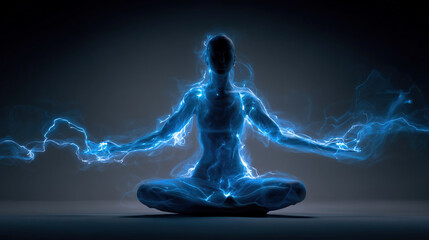 Yoga enlightenment with blue charges. Man silhouette in enlightened yoga meditation pose