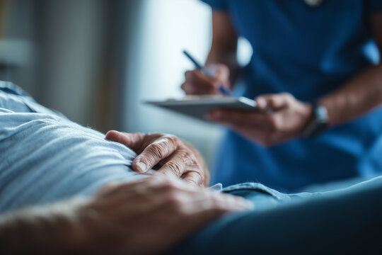 Compassionate bedside care — nurse in blue scrubs writing on clipboard while assessing a senior patient resting in bed during a medical checkup - Powered by Adobe