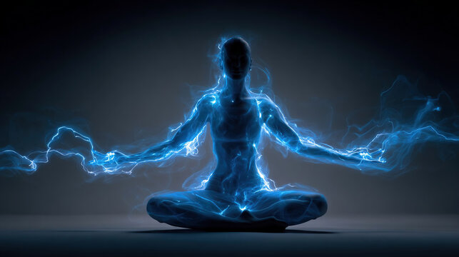 Yoga enlightenment with blue charges. Man silhouette in enlightened yoga meditation pose