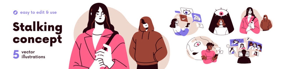 Stalking and surveillance concept set. Stranger, anonymous stalker follow victim on street and on internet. Spying, cyberstalking and espionage. Flat vector illustration isolated on white background